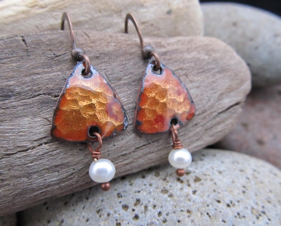 Golden-Brown Hammered Triangle Earrings with by TenRiversJewelry