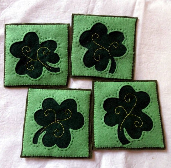 Set of Four Green Felt Coaster with Embroidered by Whiscraft