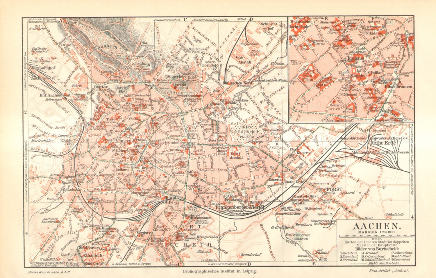 1902 Original Antique City Map of Aachen German Empire