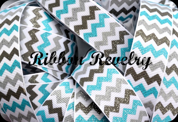 Mod hoots Turquoise, grey & charcoal chevron with glitter on 7/8"" grosgrain ribbon Il_570xn