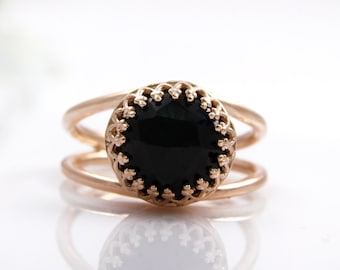 Black onyx ring,rose gold ring,pink gold ring,everyday ring,black diamond ring,faceted gemstone ring