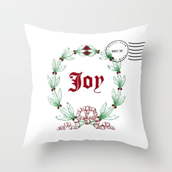 Throw Pillow Cover Joy Christmas Wreath Xmas Stamp White
