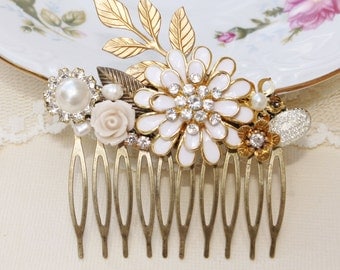 Eternal Love - Vintage Assemblage Hair Comb, Repurposed Jewelry, Upcycled, Bridal, Shabby Chic, Rhinestone and Pearl, OOAK Vintage Collage