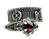 Steampunk Wedding Ring Set - Rose Cut Garnet and Black Diamonds - Sterling Silver Gear Ring with Rivets