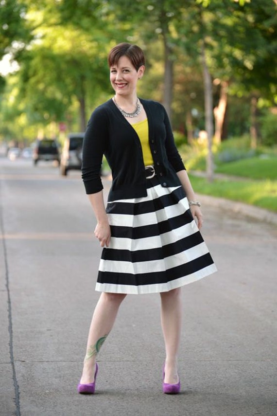 Black and White Striped Skirt full gathered and pleated skirt
