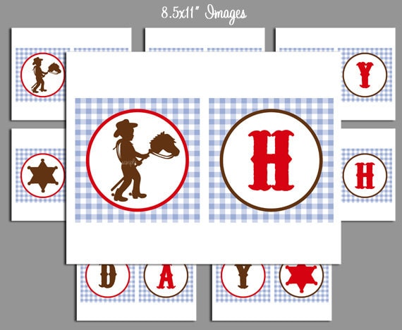 Cowboy Happy Birthday Banner Printable - Blue Gingham Cowboy Bunting Instatn Download Il_570xn