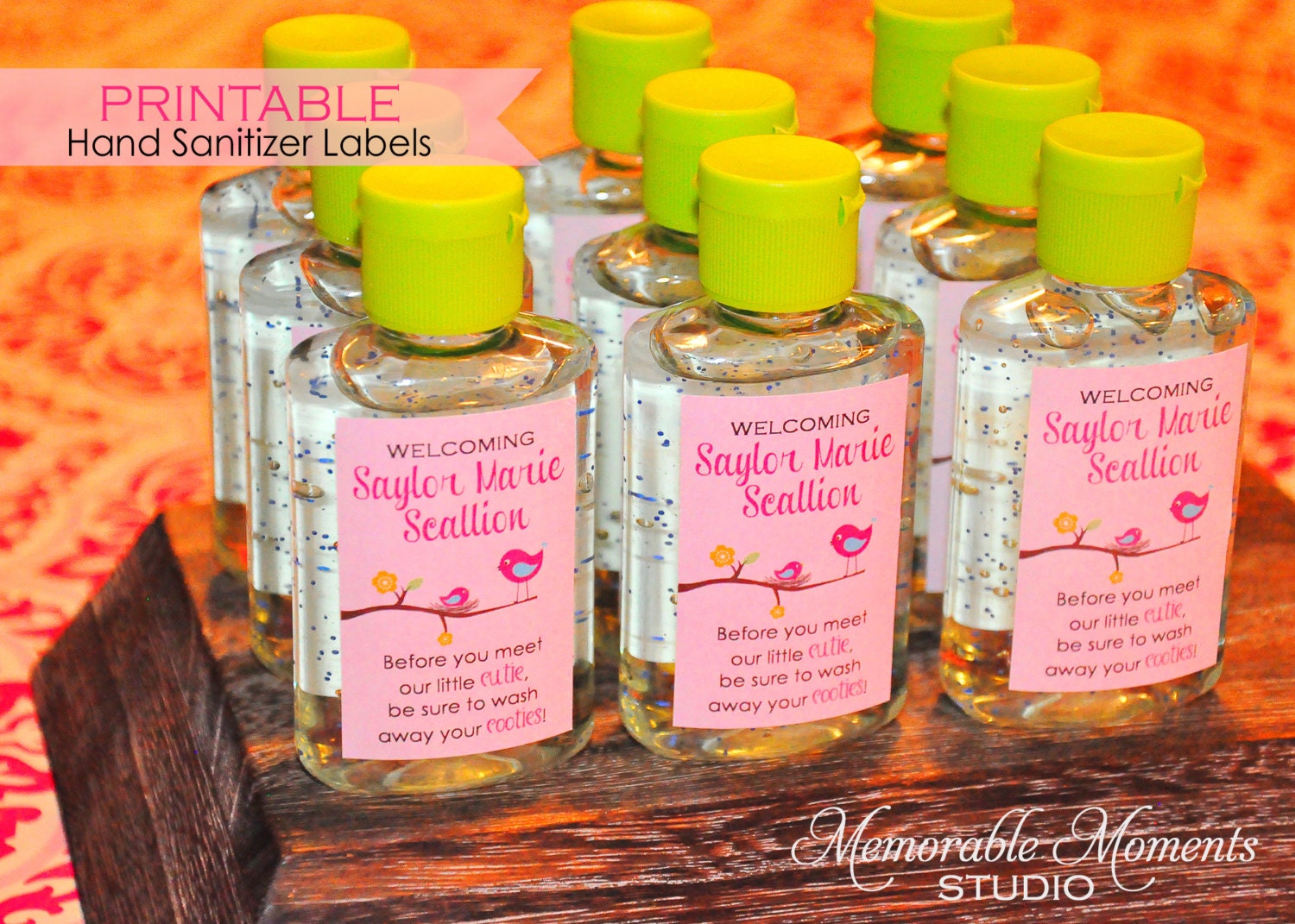 printable little birdie mini hand sanitizer labels for baby