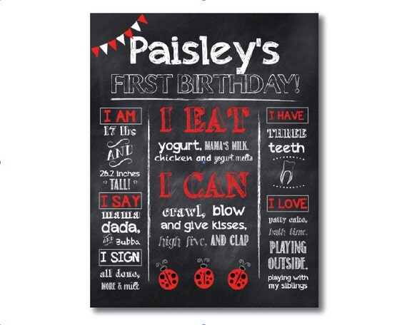 Digital Chalkboard Sign Poster Ladybug Baby's First Birthday