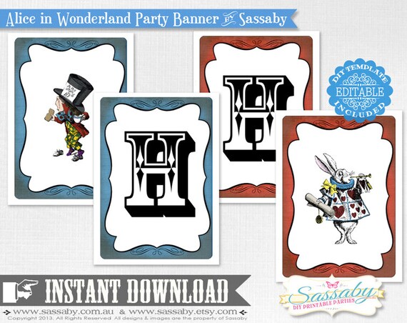 Alice in Wonderland Party Banner - INSTANT DOWNLOAD - Editable & Printable Birthday Decoration by Sassaby Il_570xn
