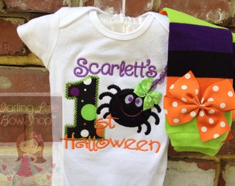 My First Halloween outfit for baby girls -- bodysuit and leg warmers in purple, black, green and orange