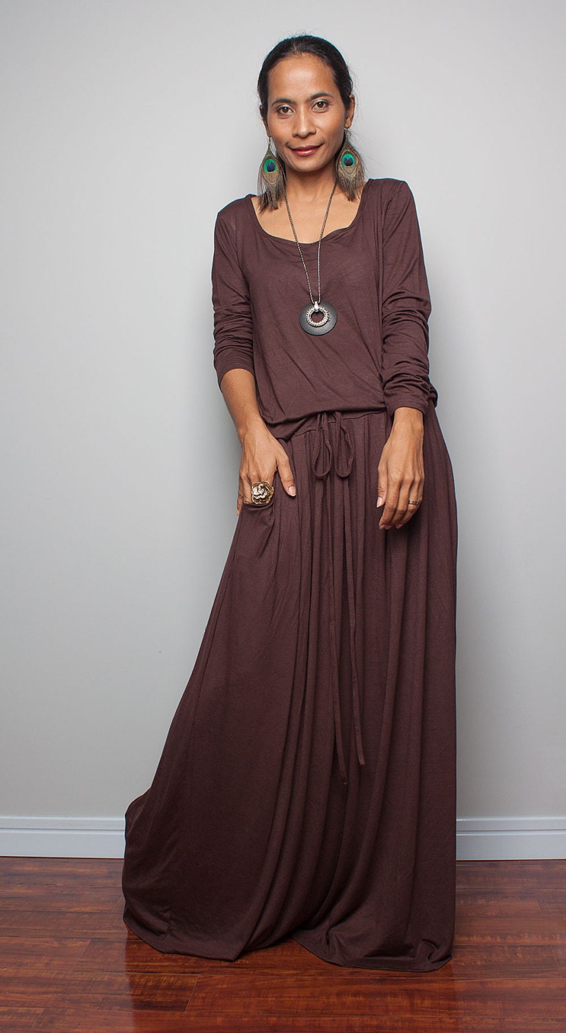 Brown Maxi Dress Chocolate Brown Long Sleeve Dress : by Nuichan