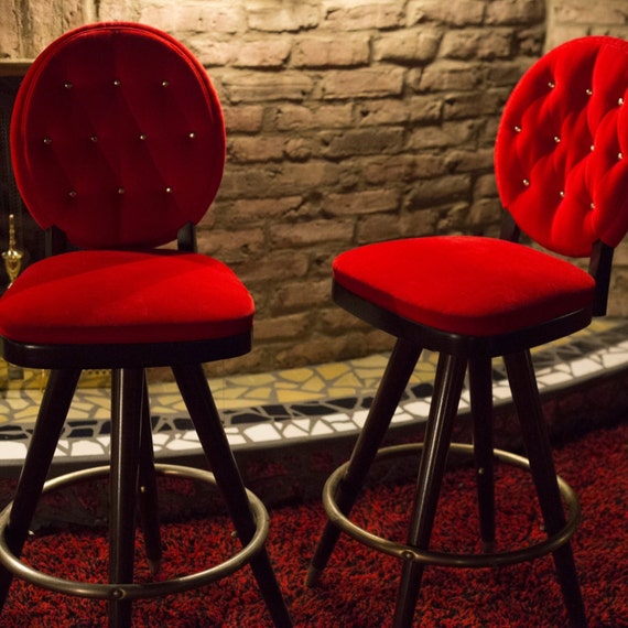 Sale 6 Midcentury red velvet bar stools by gloryfolklore on Etsy