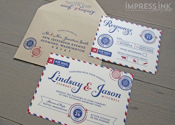 Vintage Airmail Wedding Invitation Sample Flat or by ImpressInk