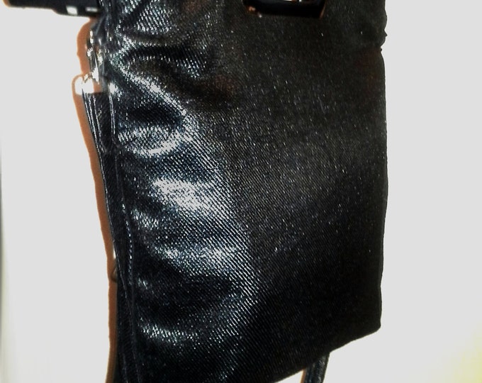 Shopper Tote Black Shiny Canvas Silver Metal Cut-Out Handle Shoulder Strap