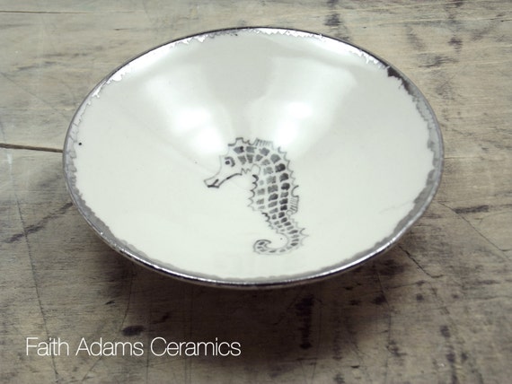 Seahorse White & Silver Porcelain Jewlry Dish, Ring Dish, Dipping Bowl-Wedding Favor, Hostess Gift, Bridesmaid Gift