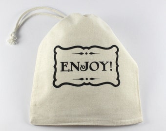Mini Cotton Favor Bags "Enjoy!", Fabric Gift Bags Screenprinted by Hand, larger quantities available