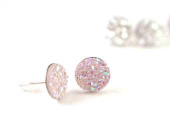 Pink Druzy Stud Earrings, Pink Druzy Post Earrings, Pink Glitter Earrings, Pink Druzy Earrings, Surgical Stainless Steel Earrings