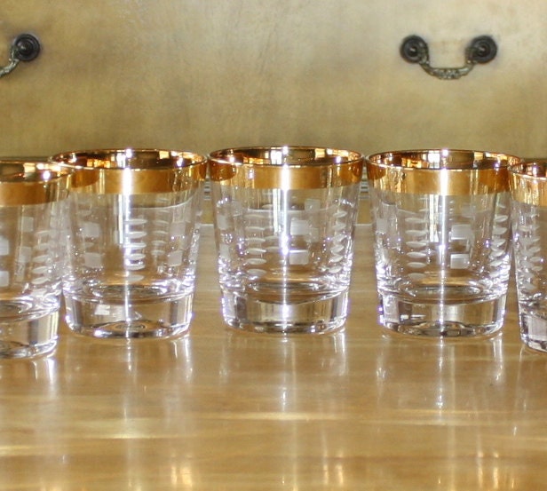 Vintage Royale Crystal Gold Rimmed Etched Rock Glasses Set