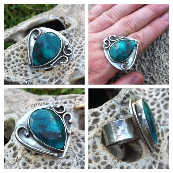 Items similar to Size 8.5 Sterling and Chrysocolla Ring with Hammered ...