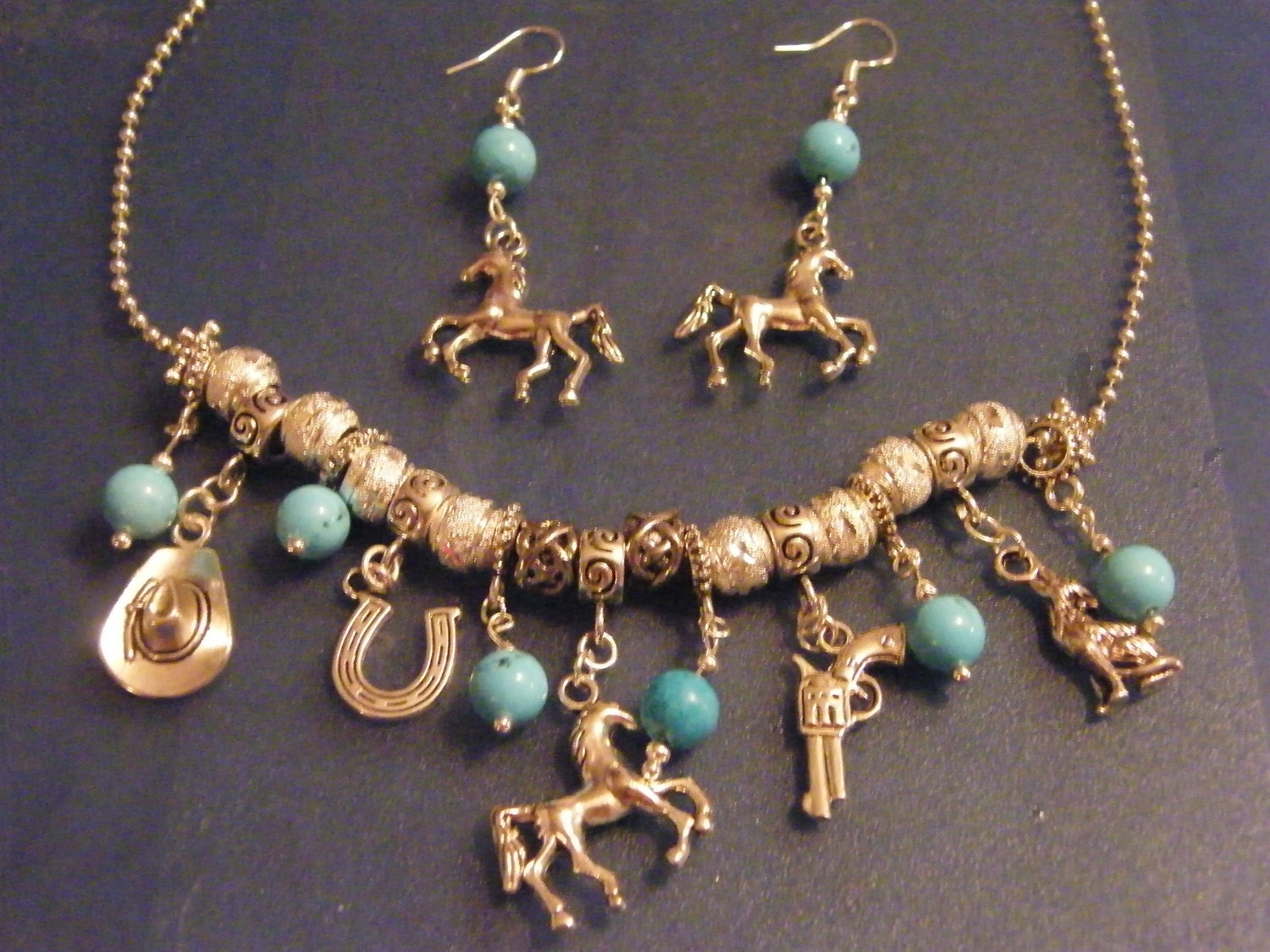 Western Charm Jewelry Set Turquoise Horse Wolf Gun