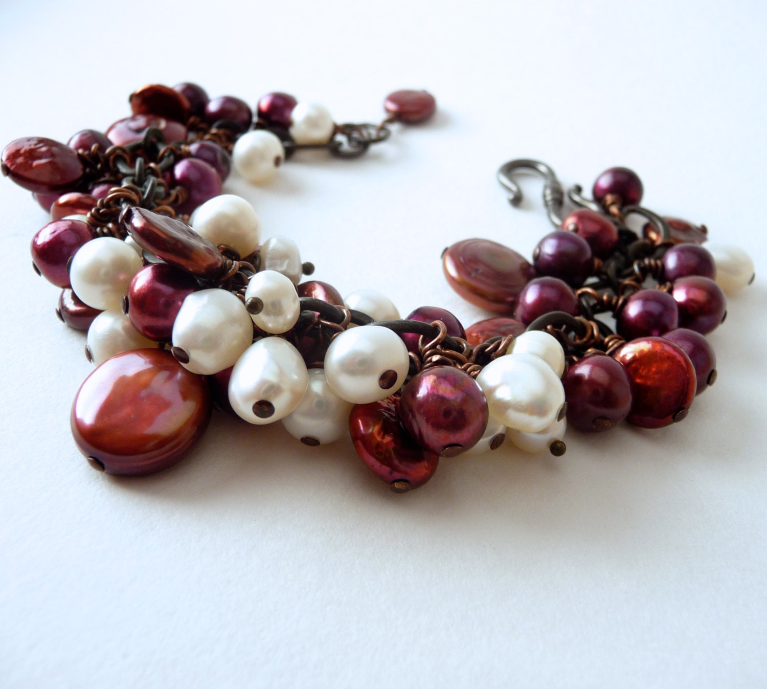 Red and White Freshwater Pearl Burgundy Shades Cluster Cuff
