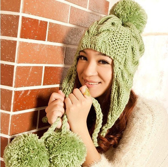 green Hand Knit Hat - The Ear Flap Hat pompom Chunky Knit Autumn Accessories Winter Accessories Fall Fashion