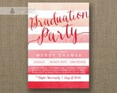 Pink Ombre Watercolor Graduation Party Invitation Red Pink Gradient Horizontal Stripes Modern Bachelorette DIY Digital or Printed- Wendy Il_170x135