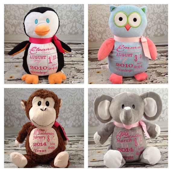 embroidered birth announcement stuffed animals