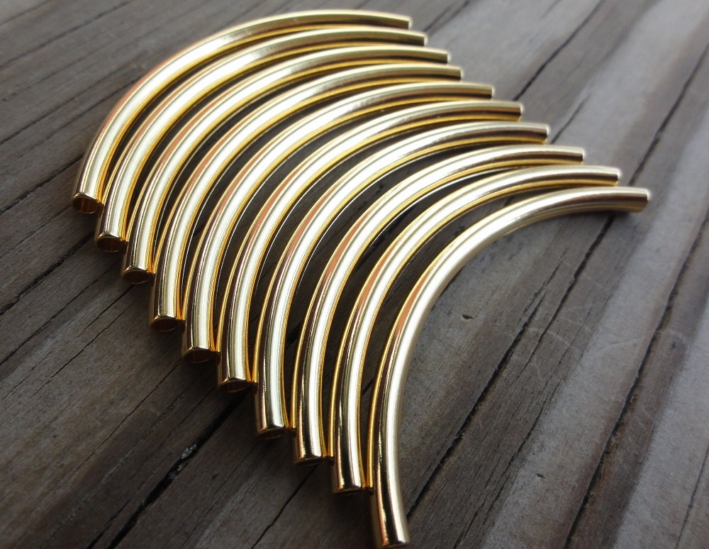 Curved Metal Tube Beads Gold Plated Brass 50x3mm Great for