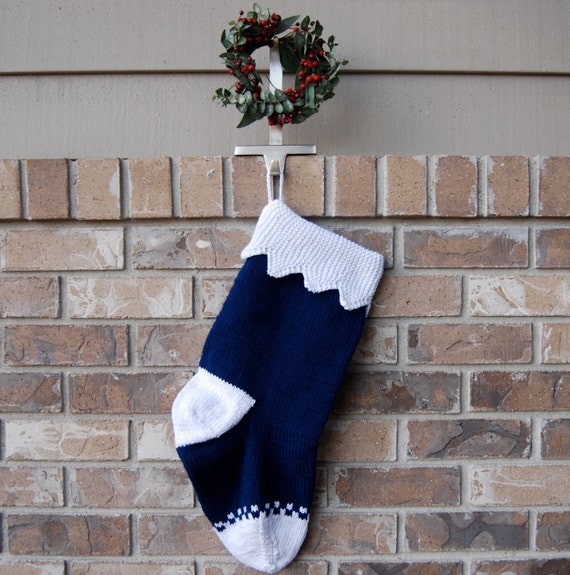 Items similar to Navy Blue Christmas Stocking, hand knit stocking blue