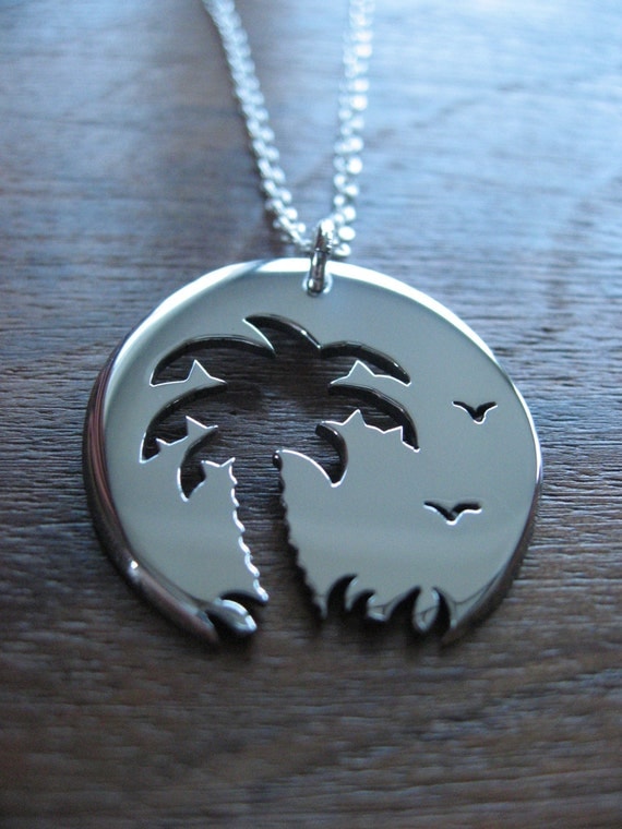 Palm tree Sunset Birds Pendant Necklace by GorjessJewellery