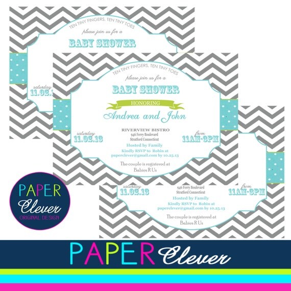 Boys Baby Shower Invitation chevron stripe, gray, aqua, lime- digital, printable #921 Il_570xn