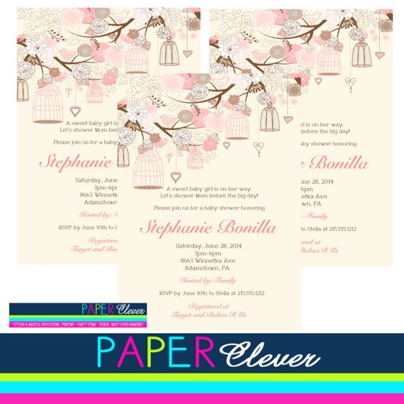 Shabby chic girls baby shower Invitation, bird cage, yellow, pink - digital file, printable #108 Il_570xn