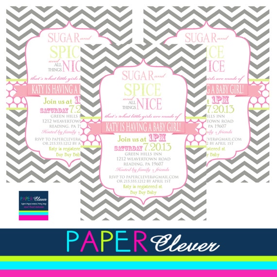 Girls baby shower invitations, sugar & spice, pink - digital file, printable (#70A1) Il_570xn