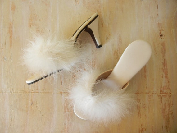 Vintage Feather Slippers Bedroom Shoes White Satin and