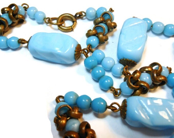 FREE SHIPPING Blue lampwork choker, 1940s opaque turquoise glass beads with brass embellishments, believed to be Italian