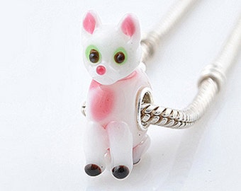 1 Bead - White Pink Kitty Cat Animal Sterling Silver Core .925 Lampwork European Bead Charm GJ2017 LC0028