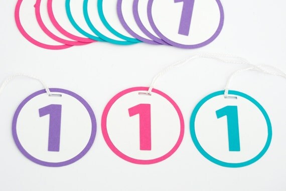 Girl 1st Birthday Party Decoration Tags 1, Pink Purple Turquoise Il_570xn
