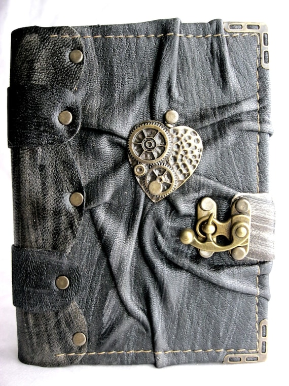 Handmade Small leather journal notebook sketchbook with Steampunk Heart emblem,handmade book leather,leather bound journal,leather journals by Smyrnacrafts steampunk buy now online
