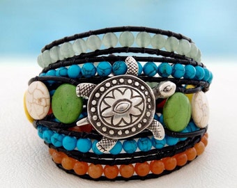 Caretta Caretta... Leather wrap bracelet... Beaded Five Wrap Bracelet. Original OceanBead Style.
