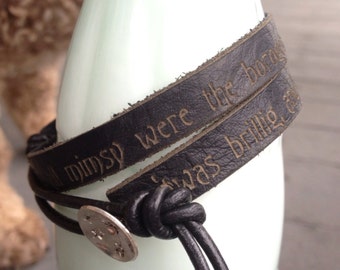Jabberwocky Quote Bracelet, Leather Quote Bracelet, Genuine Leather Wrap Bracelet, Alice in Wonderland Jewelry, Engraved Leather Bracelet