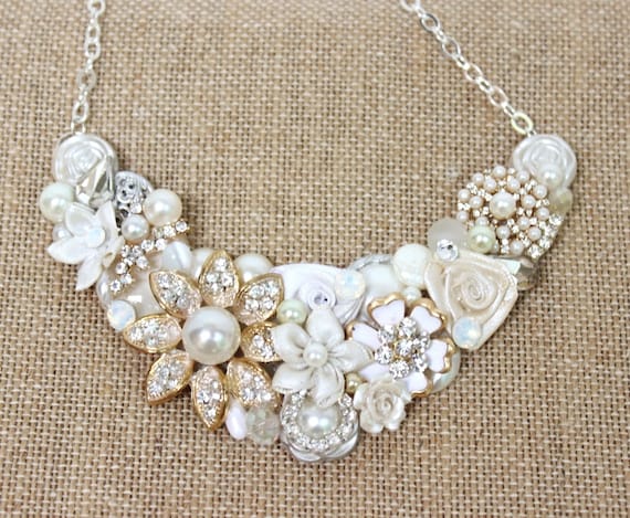 Off White & Gold Statement Necklace Pearl Bib Necklace