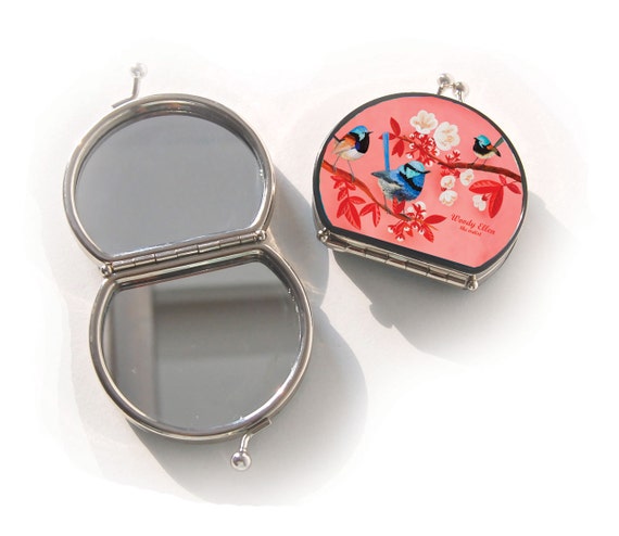 retro compact mirror,bird print,Fairy,birthday gift,gifts for her,gifts for mom,Woody Ellen handbag,christmas gifts,christmas gift idea,gift