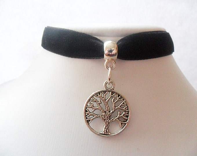 Black velvet choker necklace with tree of life pendant and a width of 3/8”inch /ribbon choker necklace/ pick your neck size
