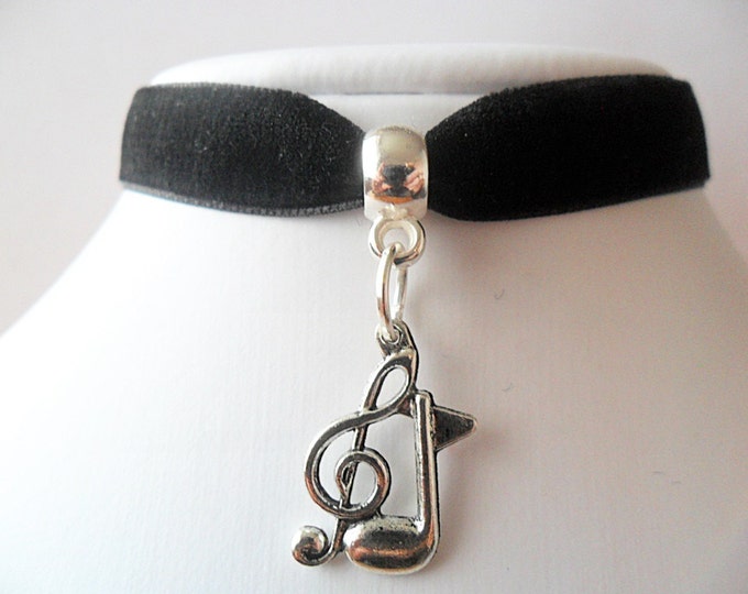 Velvet choker necklace Black ribbon and treble clef and music note charm with a width of 3/8” Ribbon Choker Necklace (pick your neck size)
