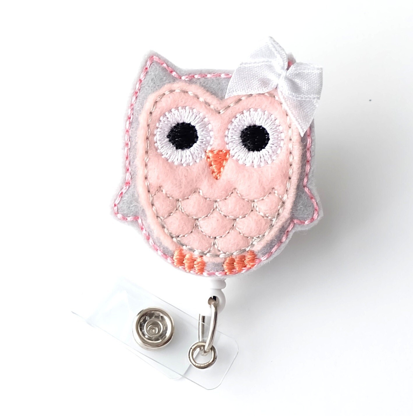 Pink and Grey Owl Name Badge Holder Cute Badge Reels