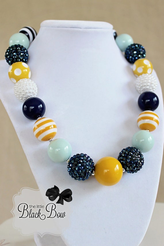 SAIL AWAY Chunky Necklace Navy Blue, Mustard Yellow & Mint Beads M2M Persnickety Child, Toddler or Baby Size Bubblegum Girls Beaded Necklace