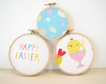 Embroidery Hoop Wall Art Home Decor Set - "Happy Easter" orange yellow pastel pink aqua turquoise chick bird spring egg Easter basket gift