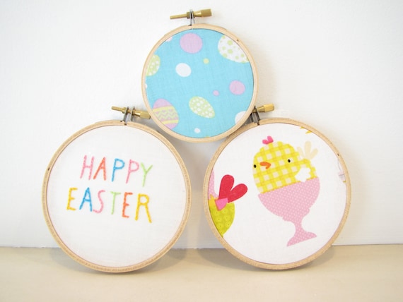 Embroidery Hoop Wall Art Home Decor Set - "Happy Easter" orange yellow pastel pink aqua turquoise chick bird spring egg Easter basket gift