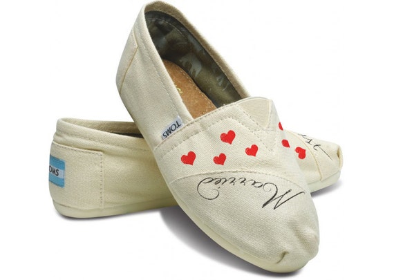 Wedding Just Married Bride Custom Hand Painted Personalized TOMS Classic Womens Canvas Sneakers by Arts and Soles